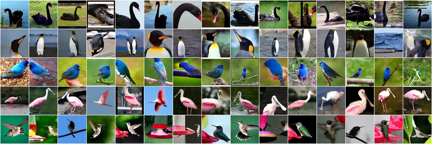 Grid of SiT v-prediction bird samples under strong guidance; structure is less stable than x-prediction but more coherent than epsilon-prediction